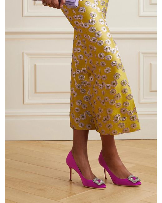 Manolo Blahnik Pink Hangisi 90 Crystal-Embellished Satin Pumps