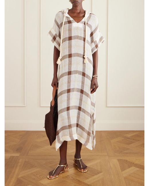 Lisa Marie Fernandez Natural Hooded Checked Linen-Blend Crepon Kaftan