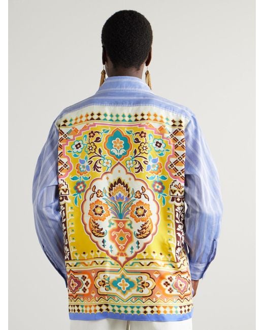Etro Blue Printed Silk And Striped Cotton-Voile Shirt