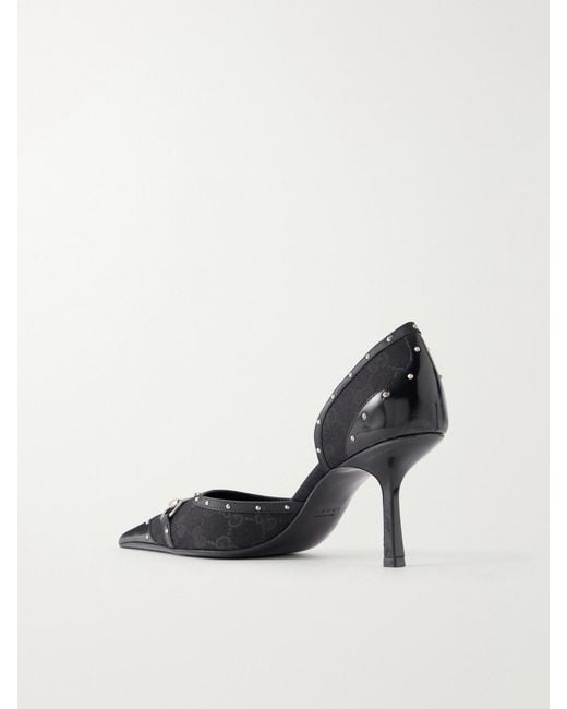 Gucci Black Horsebit-Embellished Leather-Trimmed Gg-Jacquard Pumps