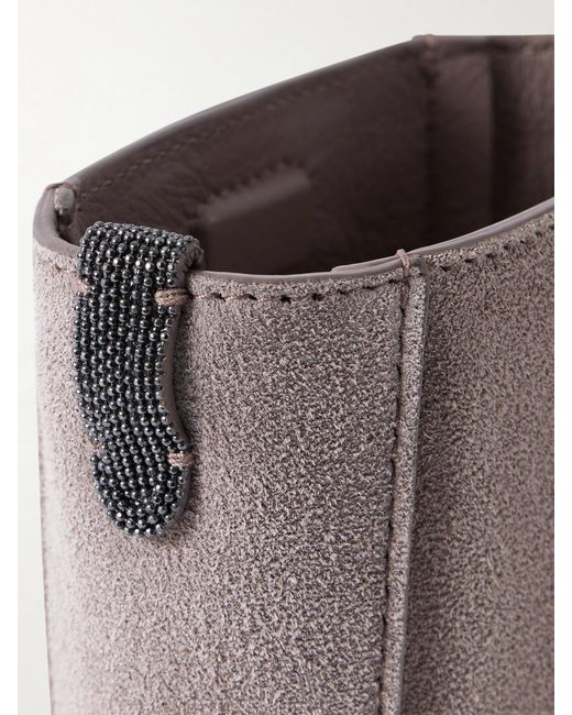 Brunello Cucinelli Gray Embellished Leather-Trimmed Suede Pouch