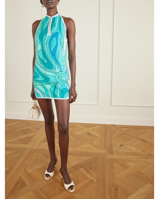 Emilio Pucci Blue Printed Cotton-Terry Halterneck Mini Dress