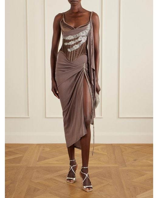 Wiederhoeft Brown Tie-Detailed Embellished Cotton-Blend Velvet Corset Top