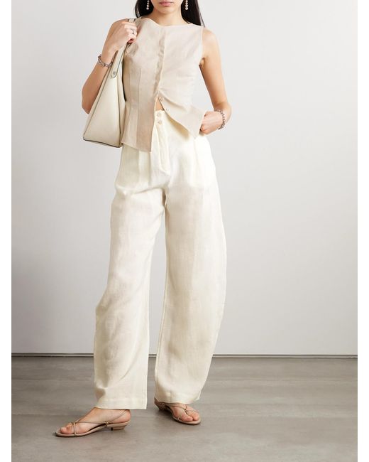 Cortana Natural Marlo Pleated Linen Straight-Leg Pants