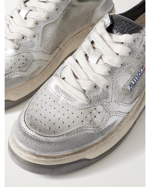 Autry Gray Super Vintage Distressed Leather And Suede Sneakers