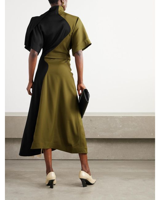 Bottega Veneta Green Draped Asymmetric Color-Block Satin Dress