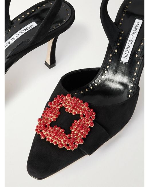 Manolo Blahnik Black Gibsli 70 Slingback-Pumps Aus Veloursleder Mit Verzierung