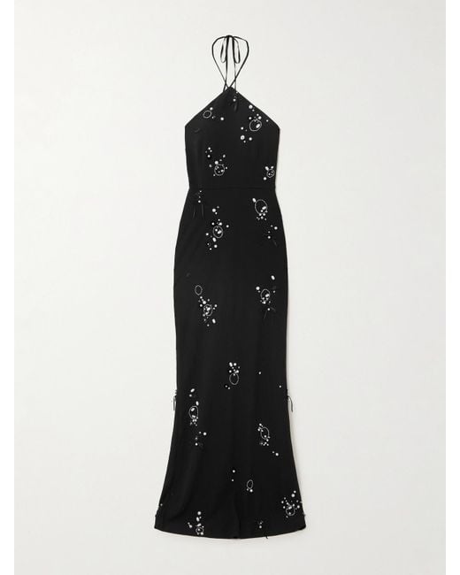 BERNADETTE Black Jolene Embellished Stretch-Crepe Halterneck Gown