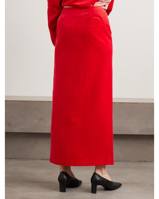 Blazé Milano Red Jealousy Malaya Button-Embellished Cotton And Linen-Blend Velvet Midi Skirt
