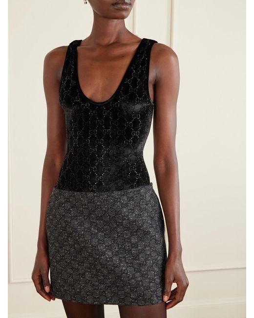 Gucci Black Crystal-Embellished Chenille-Jacquard Bodysuit