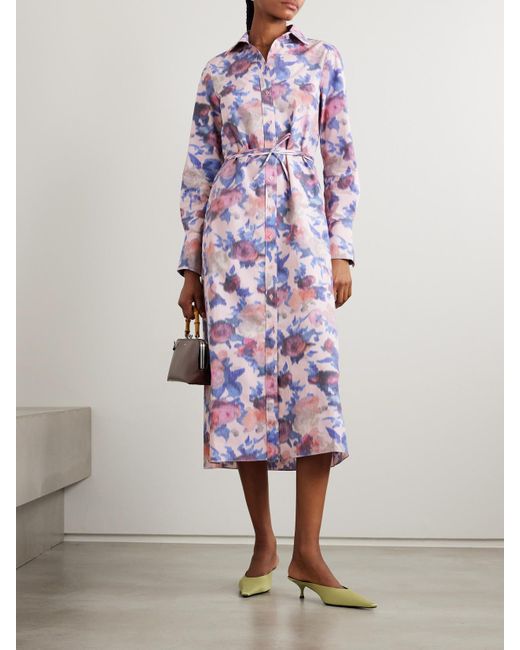 Erdem Purple Belted Floral-Print Cotton-Poplin Midi Shirt Dress