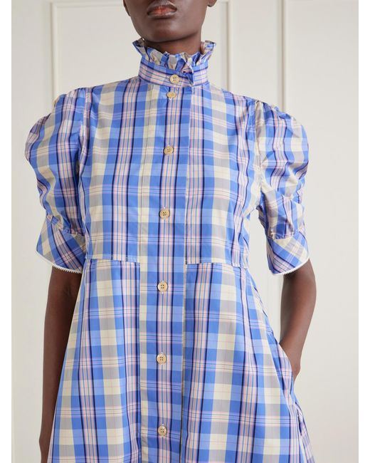 Thierry Colson Blue Venetia Ruffled Checked Cotton-Blend Midi Dress