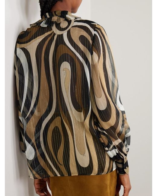 Emilio Pucci Ruffled Metallic Silk-Blend Crepon Pussy-Bow Blouse