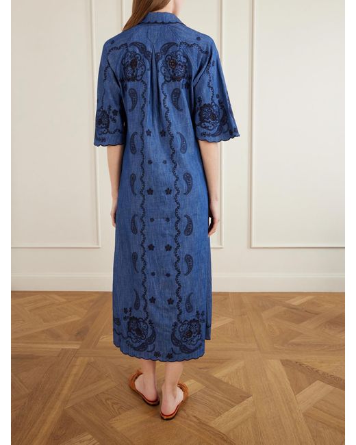 Zimmermann Blue Aster Embroidered Denim Midi Dress