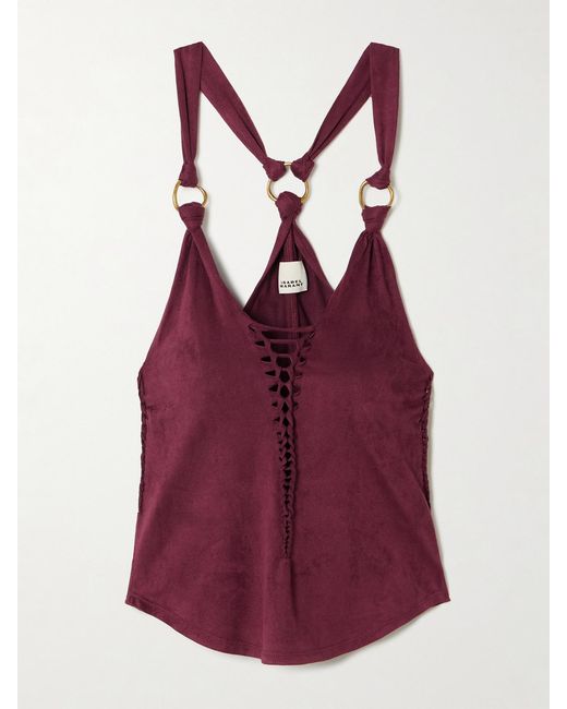 Isabel Marant Purple Sakina Embellished Cutout Braided Brushed-Jersey Tank