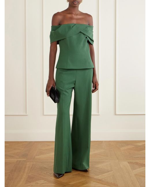 Carolina Herrera Green Diane Pleated Wool-Blend Straight-Leg Pants