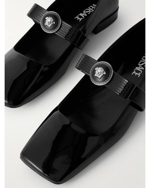 Versace Black Gianni Ribbon Embellished Patent-Leather Mary Jane Ballet Flats