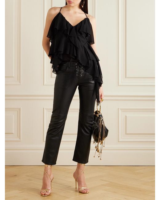 Isabel Marant Black Vanel Lace-Up Leather Straight-Leg Pants