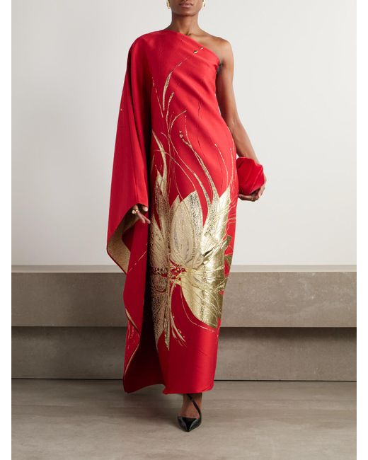 ‎Taller Marmo Red Hardison One-Shoulder Metallic Floral-Jacquard And Crepe Gown
