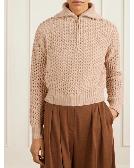 Max Mara Natural Open-Knit Metallic Wool-Blend Half-Zip Sweater