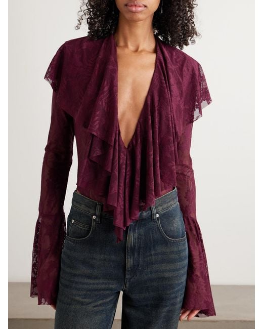 Norma Kamali Purple Body Aus Stretch-Spitze Mit Rüschen