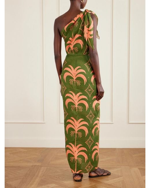 Johanna Ortiz Green Seaweed One-Shoulder Printed Linen Maxi Dress