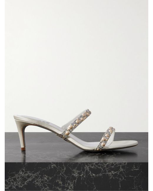 Rene Caovilla White Embellished Satin Mules