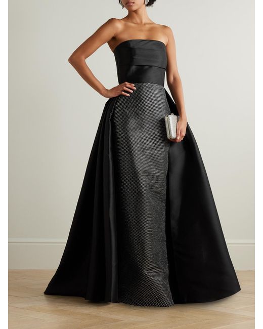 Solace London Black Tiffany Crystal-Embellished Strapless Pleated Satin-Twill Gown