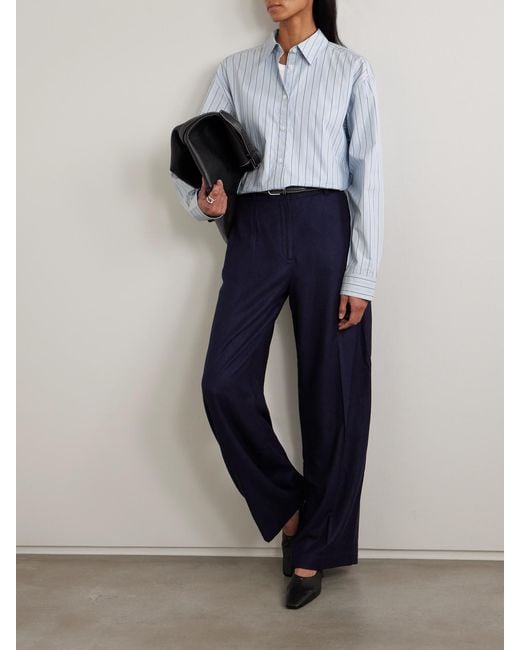 Totême Blue Pleated Flannel Wide-Leg Pants