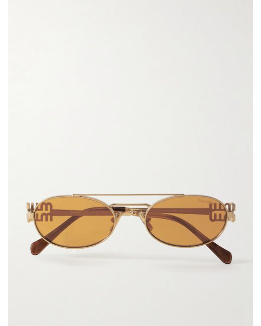 Miu Miu Natural Goldfarbene Sonnenbrille Mit Ovalem Rahmen