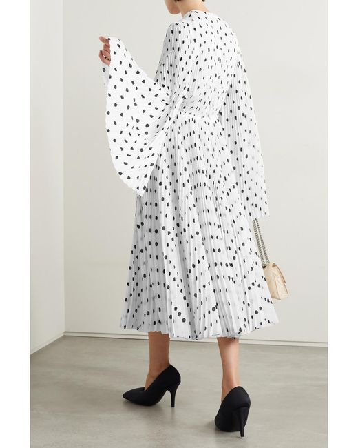 Balenciaga White Pleated Polka-Dot Crepe Midi Dress