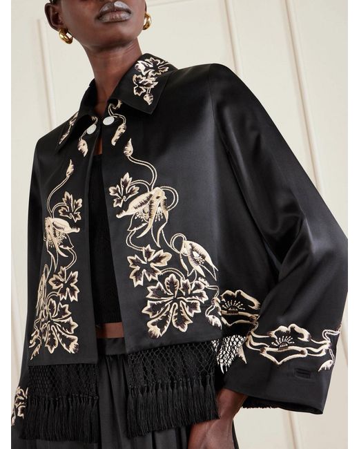 Bode Black Phantasm Fringed Embroidered Silk-Satin Jacket