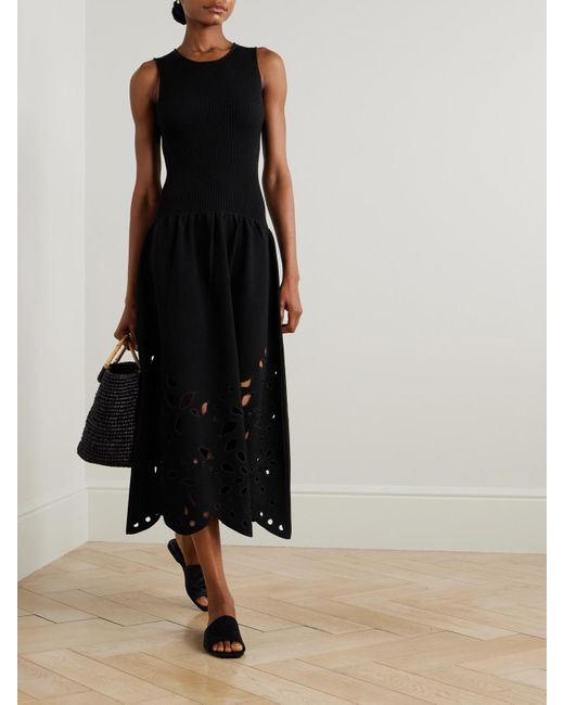 Ulla Johnson Black Midikleid Aus Rippstrick Und Jersey Mit Lochstickerei