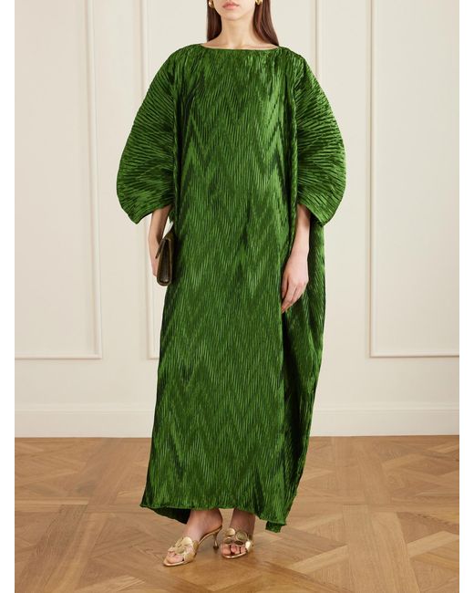‎Dima Ayad Green Metallic Plissé-Satin Gown
