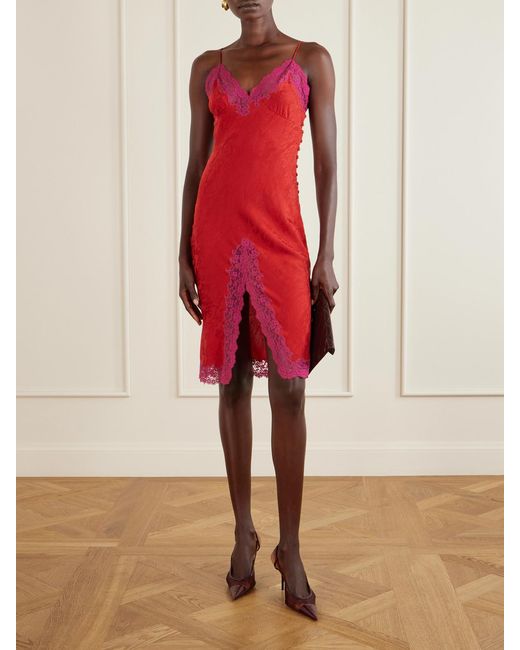 Saint Laurent Red Lace-Trimmed Silk-Satin Midi Dress