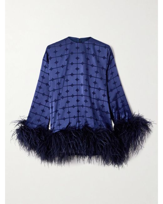‎Dima Ayad Blue Geometric Feather-Trimmed Devoré-Satin Blouse