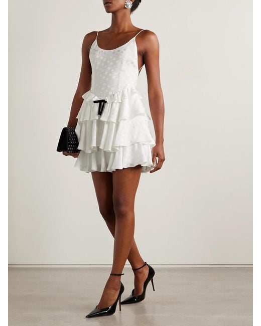 Alessandra Rich White Ruffled Silk-Satin Jacquard Mini Dress