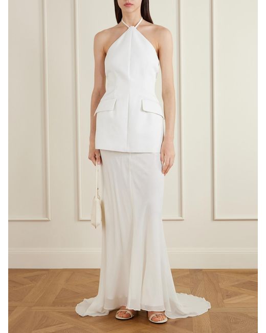 Sportmax White Silk-Blend Chiffon And Crepe Halterneck Maxi Dress
