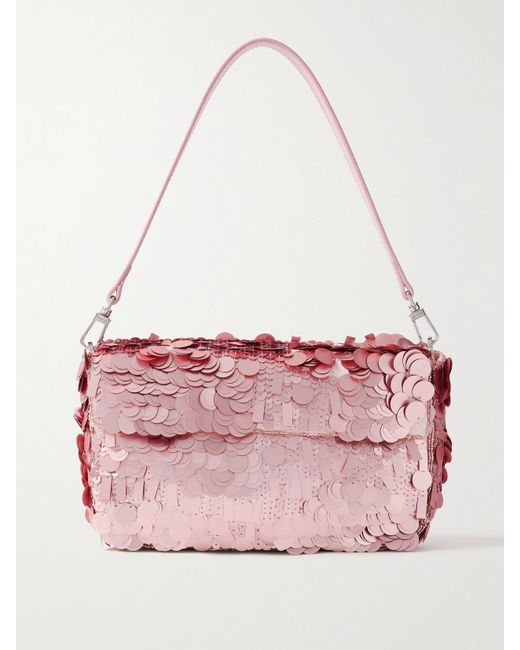 Staud Pink Timmy Leather-Trimmed Sequined Satin Shoulder Bag