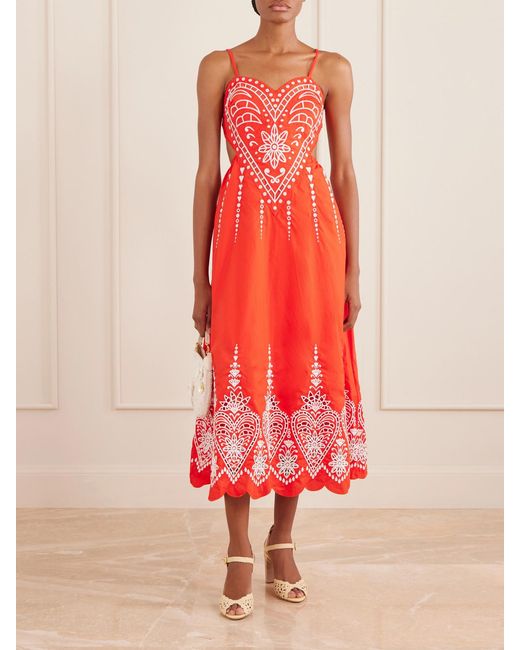 Farm Rio Red Heart Broderie Anglaise Cotton Midi Dress