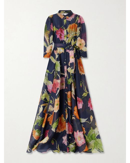 Carolina Herrera White Belted Floral-Print Silk-Organza Gown