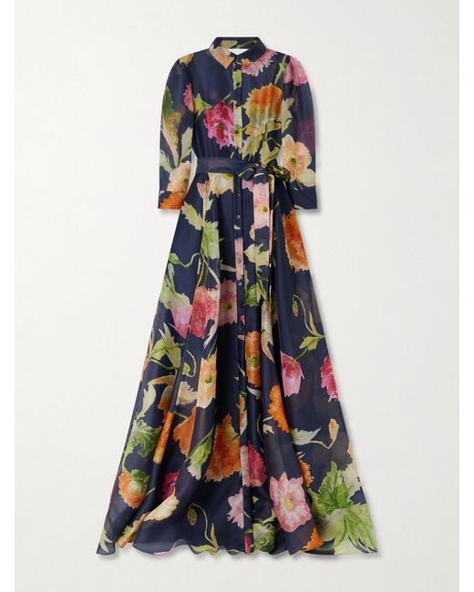 Carolina Herrera White Belted Floral-Print Silk-Organza Gown