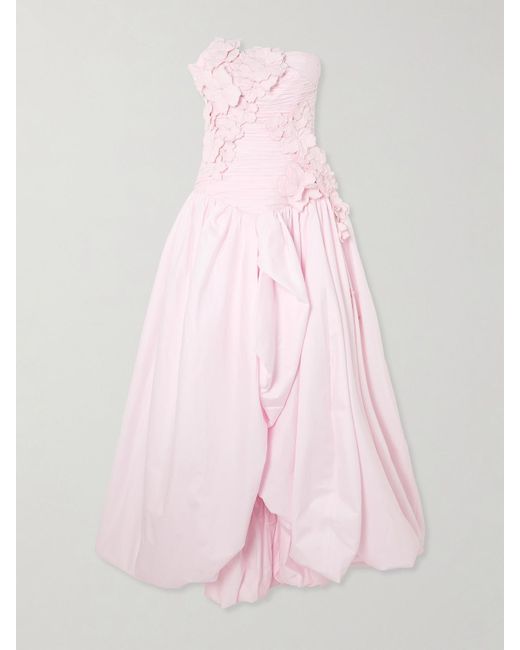 Aje. Pink Splendour Strapless Appliquéd Gathered Cotton-Poplin Gown