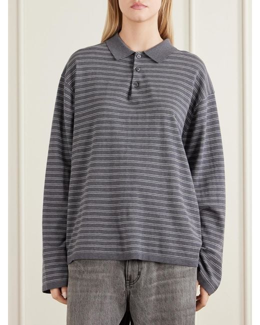 Nili Lotan Gray Foley Stripe Cotton Polo Shirt