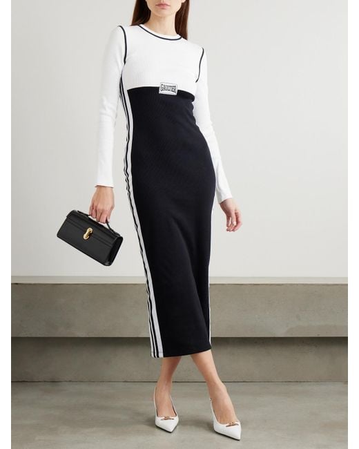 Jean Paul Gaultier White Midikleid Aus Gerippter, Zweifarbiger Stretch-Baumwolle Mit Applikation