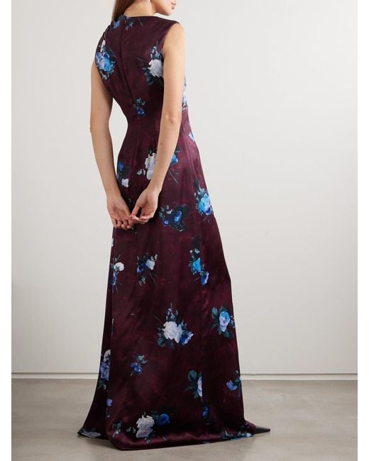 Erdem Purple Asymmetric Cutout Floral-Print Duchesse-Satin Gown