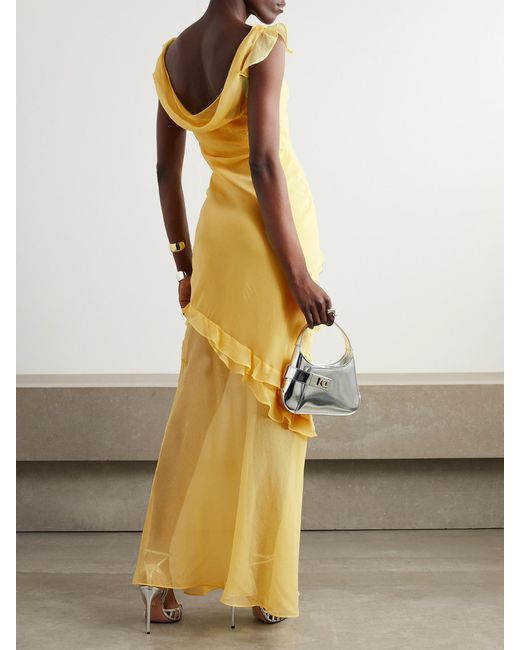 Saloni Yellow Renu Draped Ruffled Silk-Blend Crepon Gown