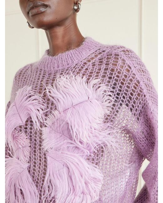 The Attico Purple Feather-Trimmed Crochet-Knit Mohair-Blend Sweater