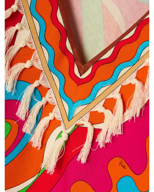 Emilio Pucci Red Asymmetric Fringed Printed Cotton-Twill Kaftan