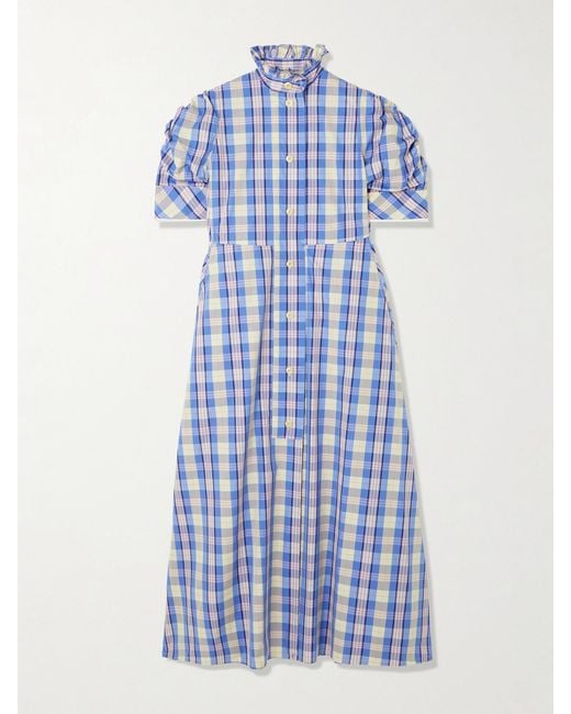 Thierry Colson Blue Venetia Ruffled Checked Cotton-Blend Midi Dress